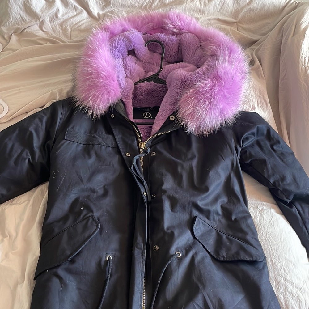 Damiani Women's Hooded Faux Fur Trim Parka Jacket black & purple